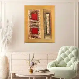 Peinture abstraite rouge et beige. Accrochée sur un mur avec canapé et une table basse dans un salon