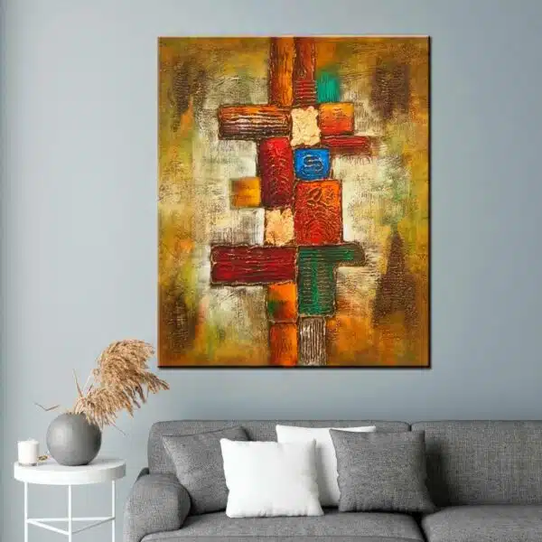 Peinture abstraite moderne marron et kaki. Bonne qualité, très original, accrochée sur un mur au-dessus d'un canapé dans une maison.