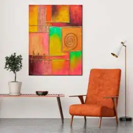 Peinture abstraite rose et moderne vert. Bonne qualité et à la mode accrochée sur un mur au-dessus d'une chaise et une table dans une maison