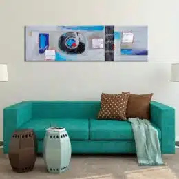 Tableau panoramique gris bleu abstrait. Bonne qualité, très original, accrochée sur un mur au-dessus d'un canapé dans une maison