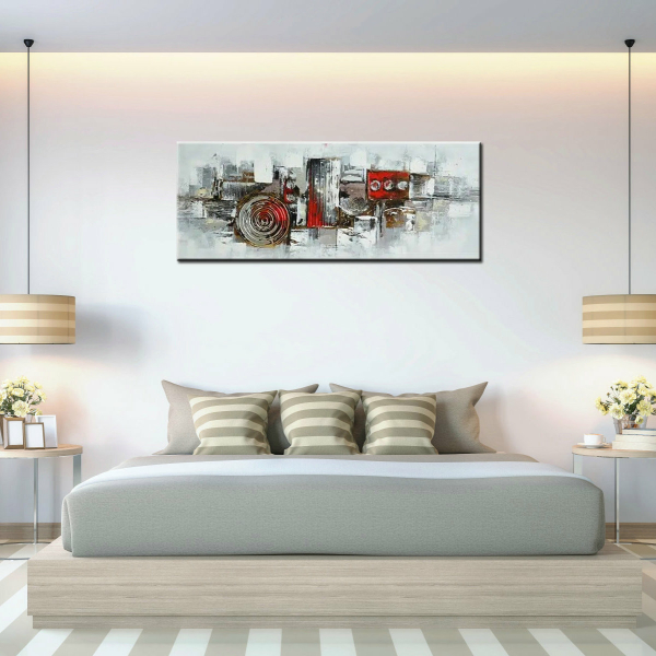 Tableau panoramique peinture abstraite gris, rouge. Bonne qualité, original, accrochée sur un mur au-dessus d'un lit dans une chambre