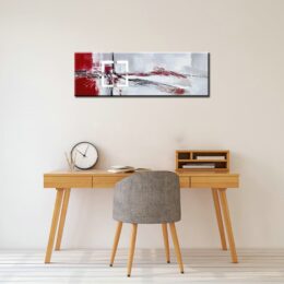 Tableau panoramique abstrait gris rouge carré blanc, peinture abstraite. Bonne qualité, très original, accrochée sur un mur au-dessus d'une table et une chaise dans une maison
