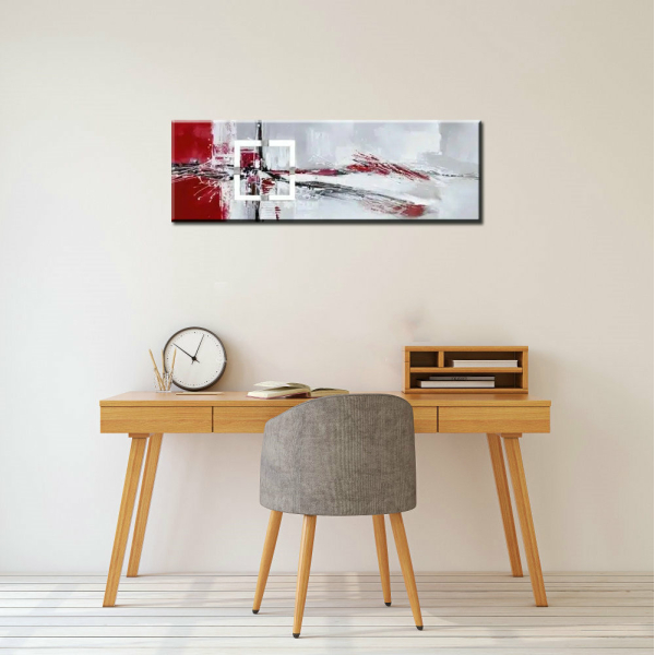 Tableau panoramique abstrait gris rouge carré blanc, peinture abstraite. Bonne qualité, très original, accrochée sur un mur au-dessus d'une table et une chaise dans une maison