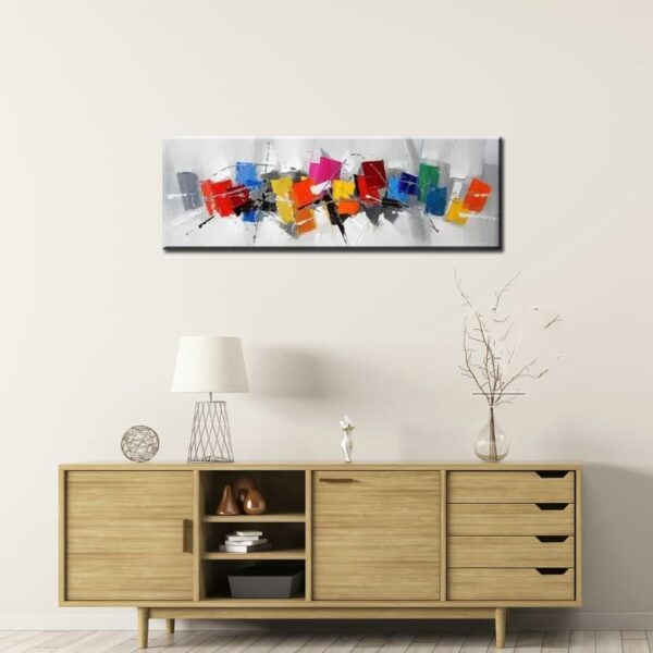 Tableau panoramique abstrait gris et cubes multicolores IMG 002 236