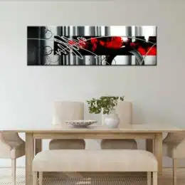 Tableau panoramique gris rouge et noir peinture abstraite. Bonne qualité, très original, accrochée sur un mur au dessus d'une table dans une maison