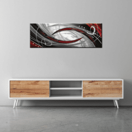 Tableau panoramique gris rouge noir peinture abstraite. Bonne qualité, très original, accrochée sur un mur, au-dessus d'une table dans une maison