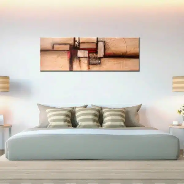 Tableau panoramique beige marron peinture abstraite. Bonne qualité, très original, accrochée sur un mur au-dessus d'un lit dans une maison