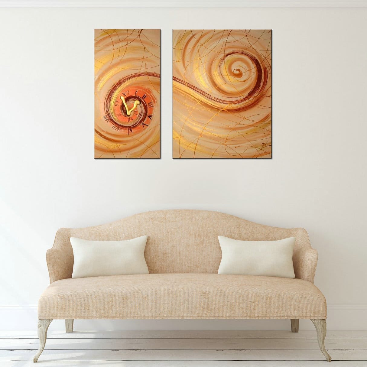 Diptyque contemporain beige brun Tableau Diptyque contemporain beige brun peinture à l’huile sur toile. accroché sur un mur avec un canapé dans une maison
