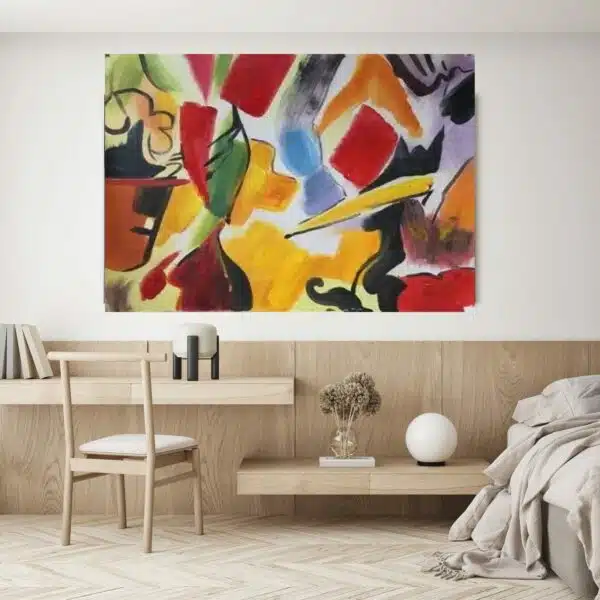 Tableau abstrait multicolore peinture sur toile, accrochée sur un mur dans une chambre à coucher avec un table et un lit