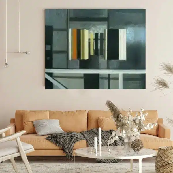 Tableau de peinture abstraite. Bonne qualité, confortable accroché sur un mur avec un canapé dans une maison