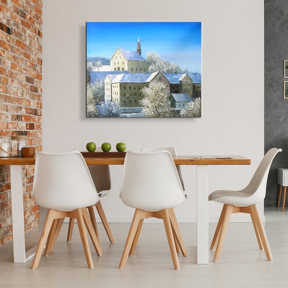 Peinture village Canadien sous la neige Tableau peinture village canadien sous la neige accrochée sur un mur dans une maison. Bonne qualité et très original