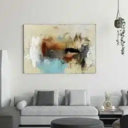 Tableau peinture abstraite beige bleu. Peinture huile sur toile, Tableau abstrait horizontal livré sur châssis. Accroché sur un mur avec un canapé dans un salon.