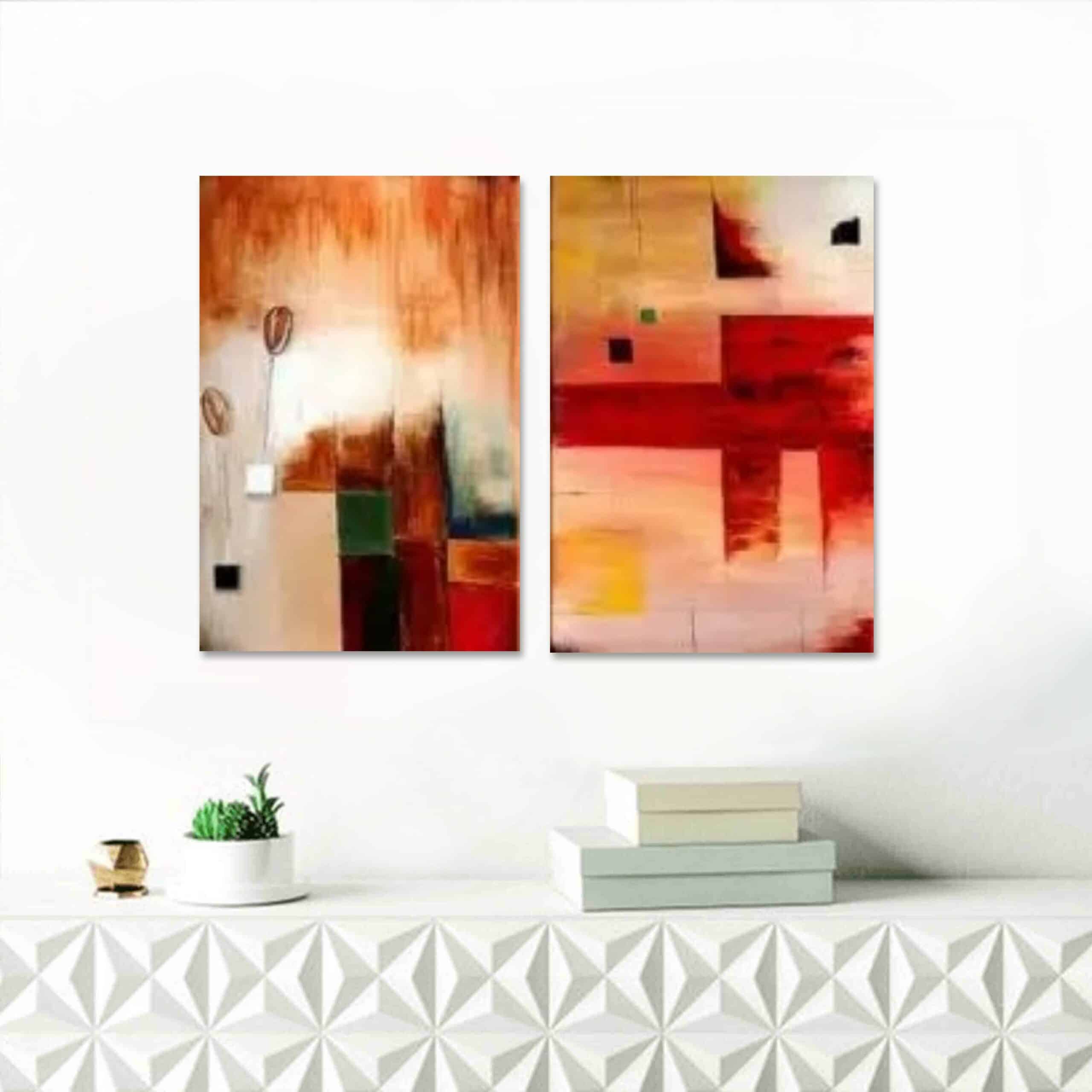 Tableau diptyque abstrait rouge Tableau diptique abstrait rouge accroché sur un mur dans une maison