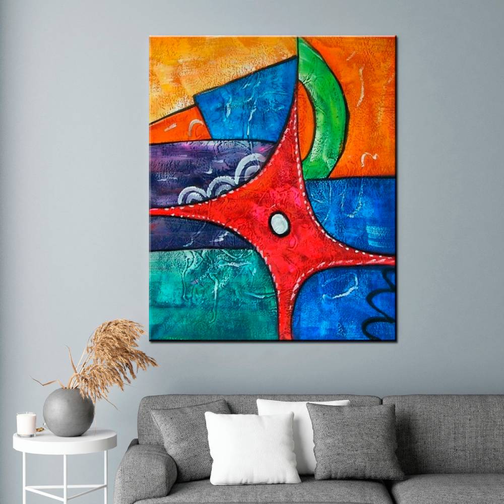 Peinture abstraite orange vert bleu Peinture abstraite bleue moderne. Véritable huile sur toile. Bonne qualité, original, accrochée sur un mur au-dessus d'un canapé dans un salon