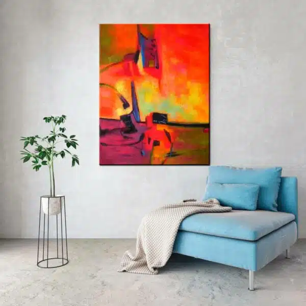Peinture abstraite orange et mauve, accrochée sur un mur, dans un mur au-dessus d'un canapé, dans un salon