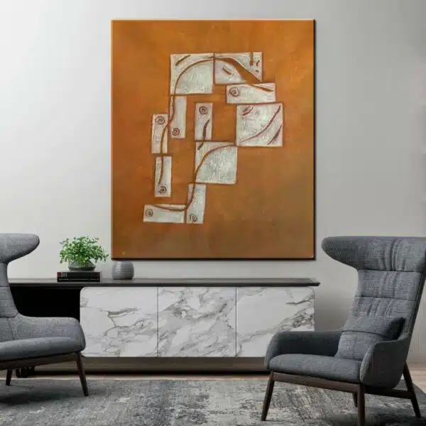 Peinture abstraite marron, huile sur toile. Bonne qualité, original, accrochée sur un mur au-dessus d'une table et des chaises dans un salon