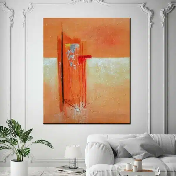 Peinture abstraite orange, bonne qualité, original, accrochée sur un mur au-dessus canapé dans une maison
