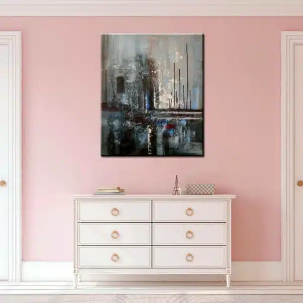 Peinture abstraite noir gris. Bonne qualité, original, accrochée sur un mur au dessus d'une table dans une maison
