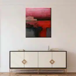 Peinture toile abstraite bordeaux rouge gris.. Bonne qualité et très original, accrochée sur un mur au-dessus d'une table dans une maison