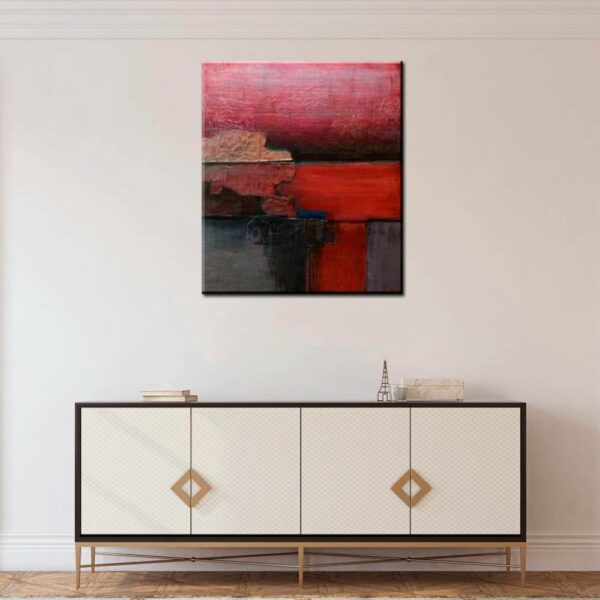 Peinture toile abstraite bordeaux rouge gris.. Bonne qualité et très original, accrochée sur un mur au-dessus d'une table dans une maison