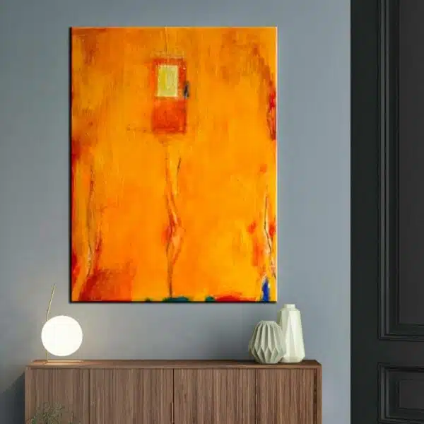 Peinture abstraite toile orange jaune. Tableau abstrait orange huile sur toile. Bonne qualité et à la mode, accrochée sur un mur, au-dessus d'une table dans une maison