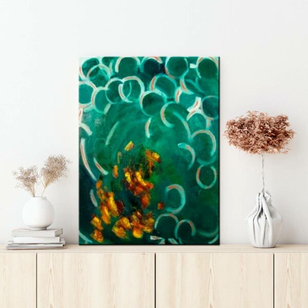 Peinture abstraite verte, Peinture huile sur toile. Bonne qualité et à la mode, accrochée sur un mur, au-dessus d'une table dans une maison