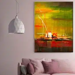 Peinture abstraite moderne rouge jaune et vert. Bonne qualité et à la mode, très original. Accrochée sur un mur au-dessus d'un canapé dans une maison