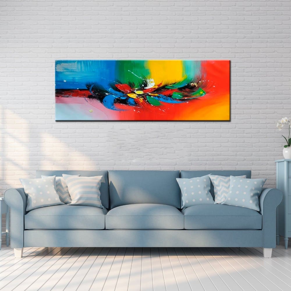 Tableau panoramique orange bleu vert Tableau panoramique orange bleu vert peinture abstraite. Bonne qualité, original, accrochée sur un mur au-dessus d'un canapé bleue dans un salon