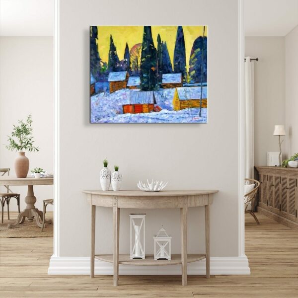 Tableau peinture paysage neige accroché sur un mur dans une maison