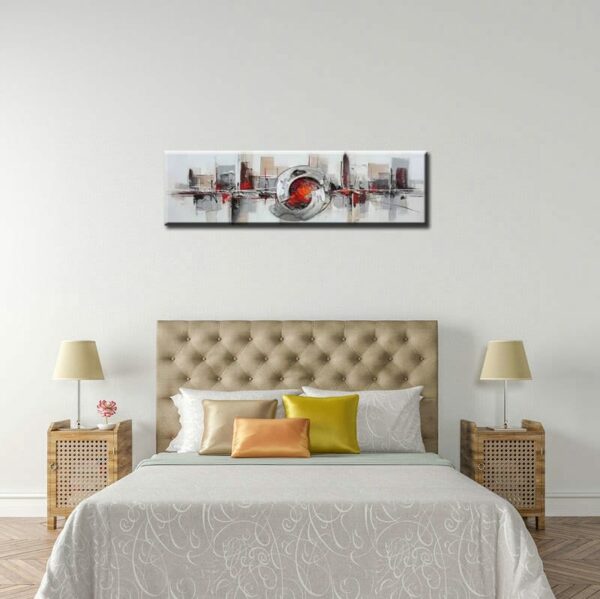 Tableau panoramique abstrait gris rouge et noir, bonne qualité, très original, accrochée sur un mur au-dessus d'un lit dans une maison