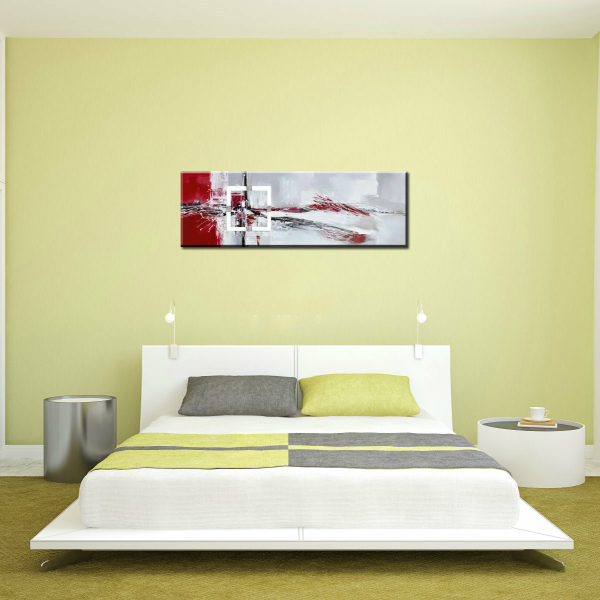 Tableau panoramique abstrait gris rouge carré blanc IMG 003 215