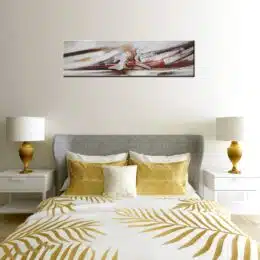 Tableau panoramique abstrait beige saumon blanc. Bonne qualité, très original, accrochée sur un mur au-dessus d'un lit dans une chambre