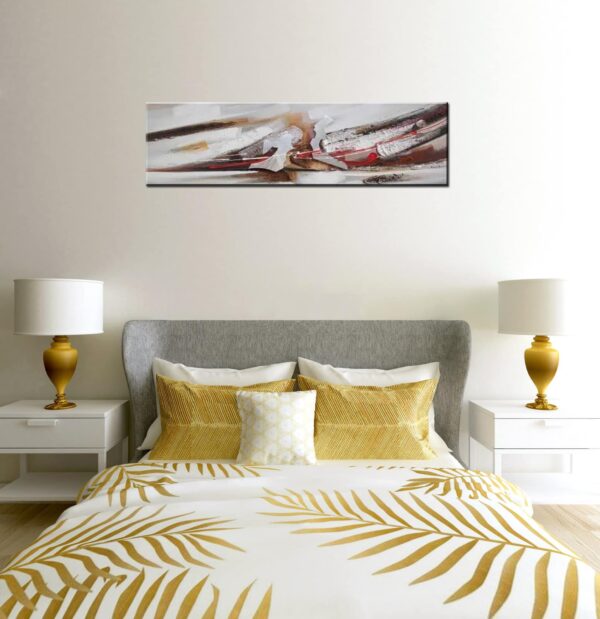 Tableau panoramique abstrait beige saumon blanc. Bonne qualité, très original, accrochée sur un mur au-dessus d'un lit dans une chambre