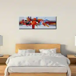Tableau panoramique abstrait gris clair multicolore, Bonne qualité, très original, accrochée sur un mur au-dessus d'un lit dans une maison