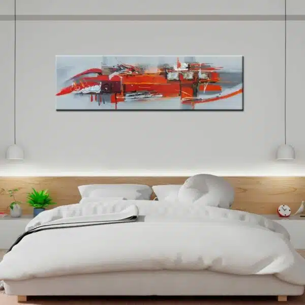 Tableau panoramique gris orange rouge abstrait. Bonne qualité, très original, accrochée sur un mur au-dessus d'un lit dans une maison