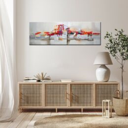 Tableau panoramique gris orange mauve abstrait. Bonne qualité, très original, accrochée sur un mur, au-dessus d'une table dans une maison