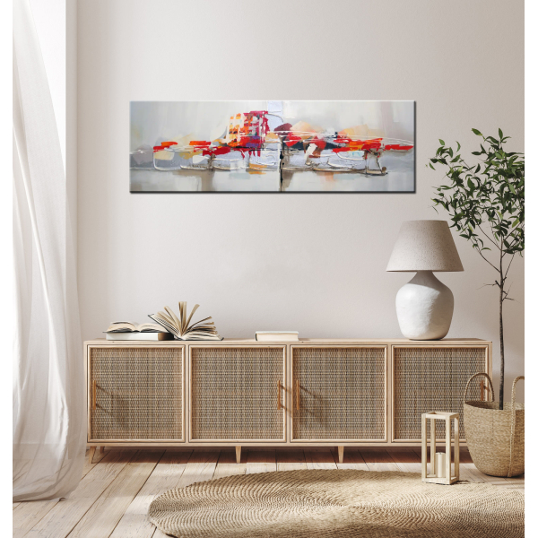 Tableau panoramique gris orange mauve abstrait. Bonne qualité, très original, accrochée sur un mur, au-dessus d'une table dans une maison
