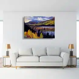 Tableau peinture montagne vallée canada accrochée sur un mur dans une maison