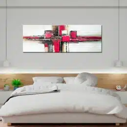 Tableau panoramique gris frambroise peinture abstraite. Bonne qualité, très original, accrochée sur un mur au-dessus d'un lit dans une maison