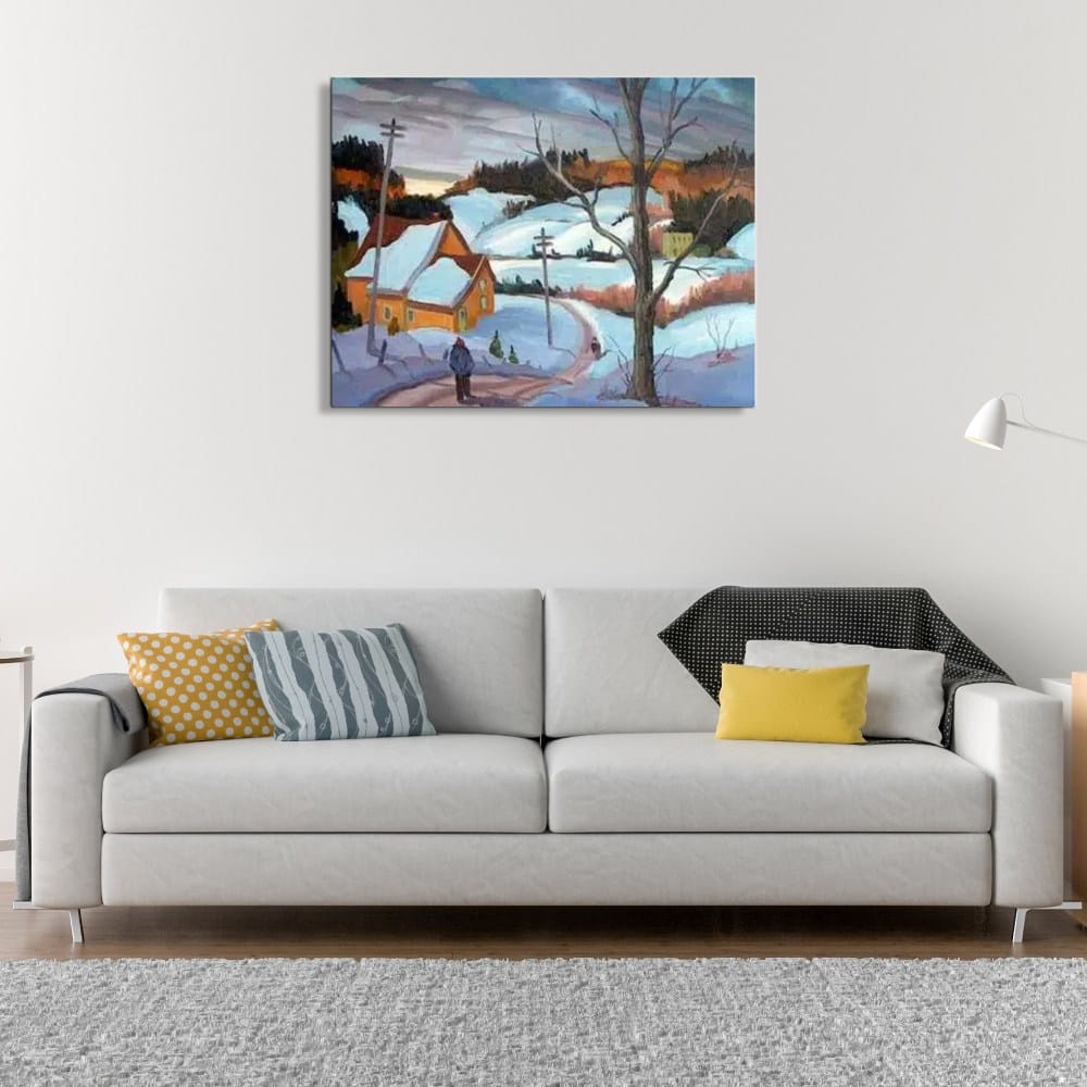 Peinture montagne campagne village neige Tableau peinture montagne compagne village neige accroché sur un mur dans une maison