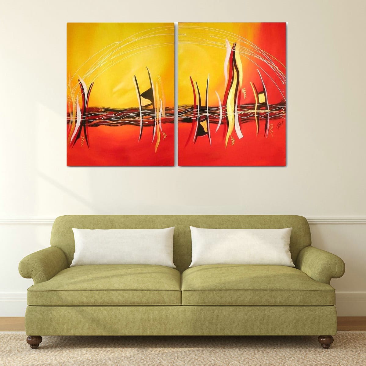 Tableau diptyque abstrait rouge orange Tableau diptyque abstrait rouge orange – Image 2