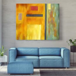 Tableau de peinture abstraite jaune gris. Peinture huile sur toile. Tableau horizontal livré sur châssis. Accroché sur un mur dans une maison