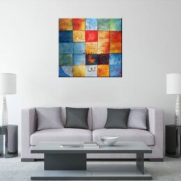 Peinture abstraite sur toile carrés multicolores, art-déco, véritable huile sur toile. Accroché sur un mur avec un canapé dans un salon