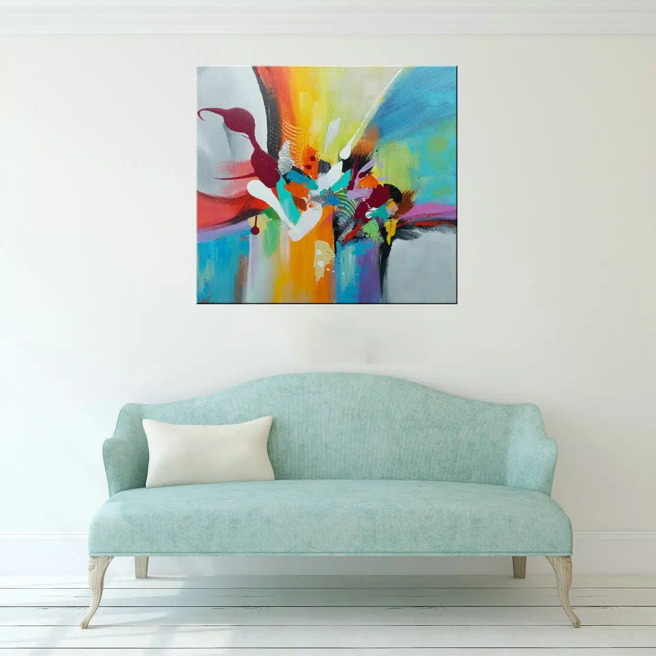 Tableau xxl abstrait bleu multicolore, peinture huile sur toile. Bonne qualité, confortable et à la mode accrochée sur un mur dans une chambre