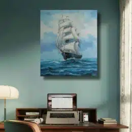 Peinture sur toile bateau ancien caravelle. Accrochée sur un mur dans un bureau