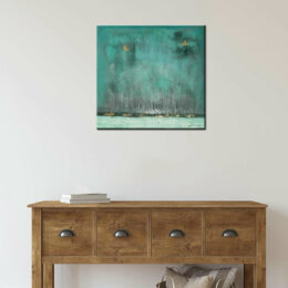 Tableau contemporain abstrait turquoise peint au pinceau avec effets au couteau. Bonne qualité, très original, accrochée sur un mur, au-dessus d'une table dans une maison