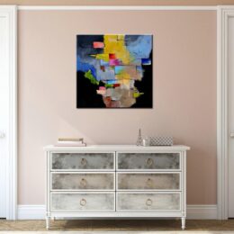 Tableau noir et bleu peinture abstraite, Bonne qualité, très original accrochée sur un mur au-dessus d'une table dans une maison