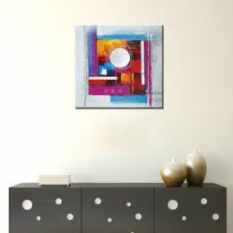 Tableau abstrait gris parme et bleu peinture abstraite, art-déco, bonne qualité, très original accrochée sur un mur au-dessus d'une table dans une maison.