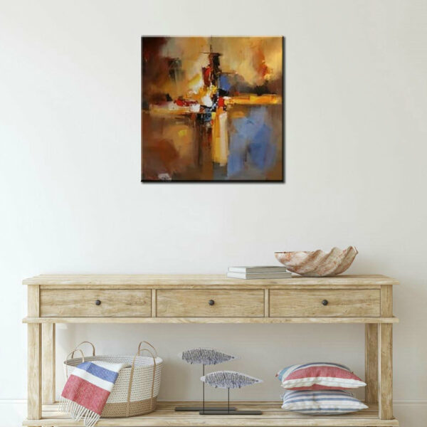 Peinture abstraite marron bleu huile sur toile. Bonne qualité, très original, accrochée sur un mur, au-dessus d'une table dans une maison.
