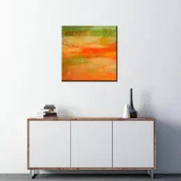 Peinture abstraite orange vert huile sur toile. Bonne qualité, très original accrochée sur un mur au-dessus d'une table dans une maison.
